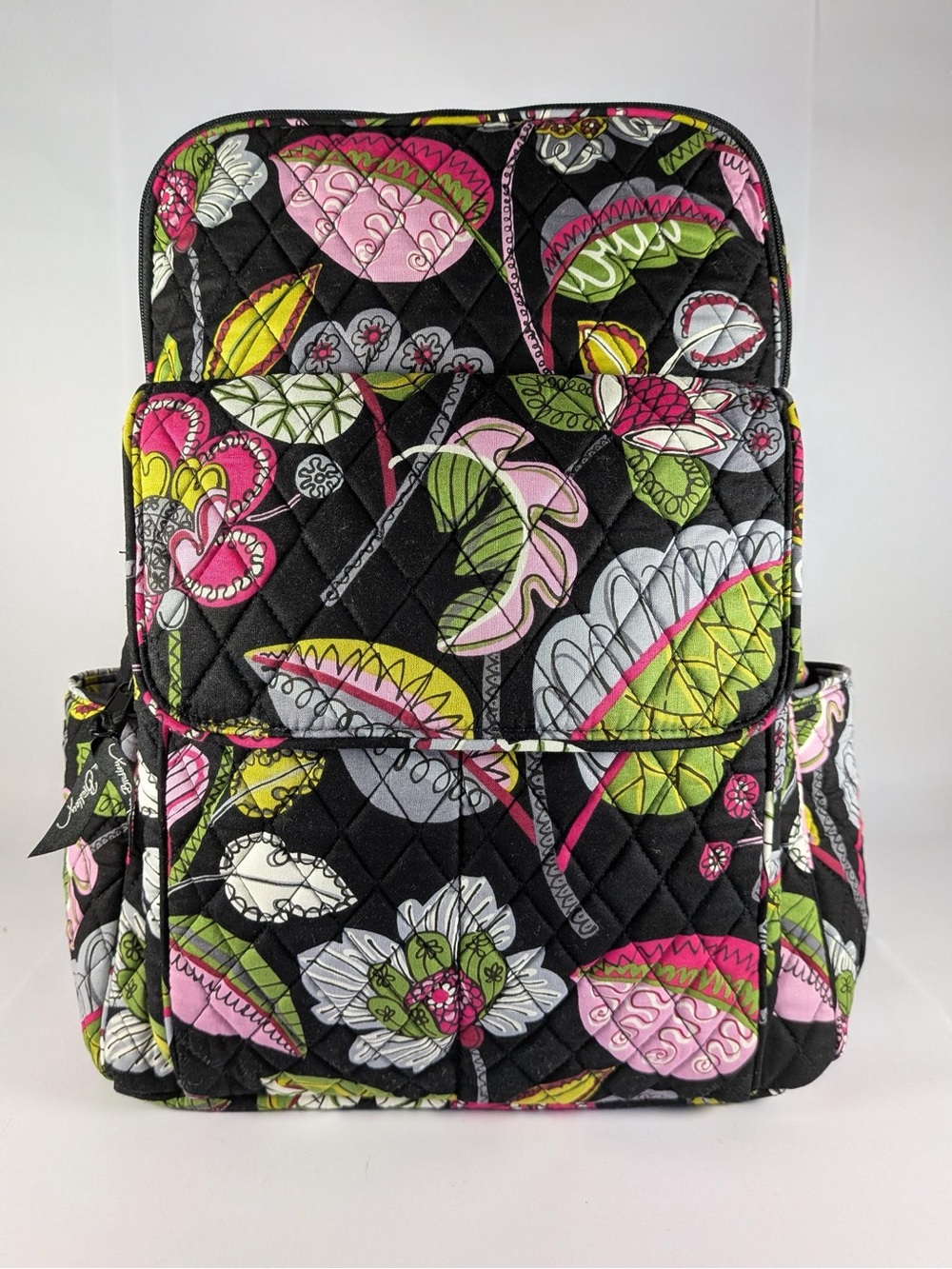 Vera Bradley Quilted Floral Backpack in Black with Pink & Lime Accents